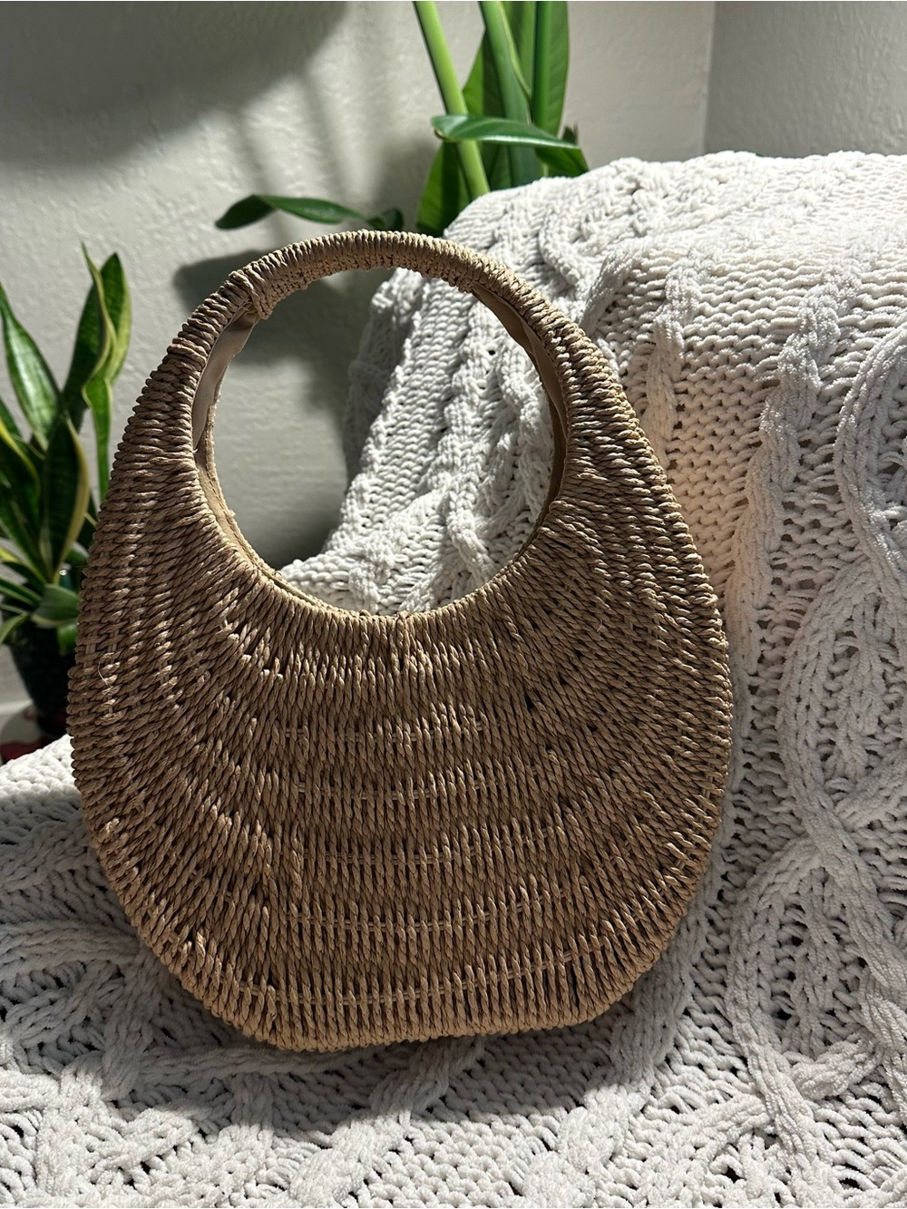 Woven Straw Moon Bag / purse - Natural